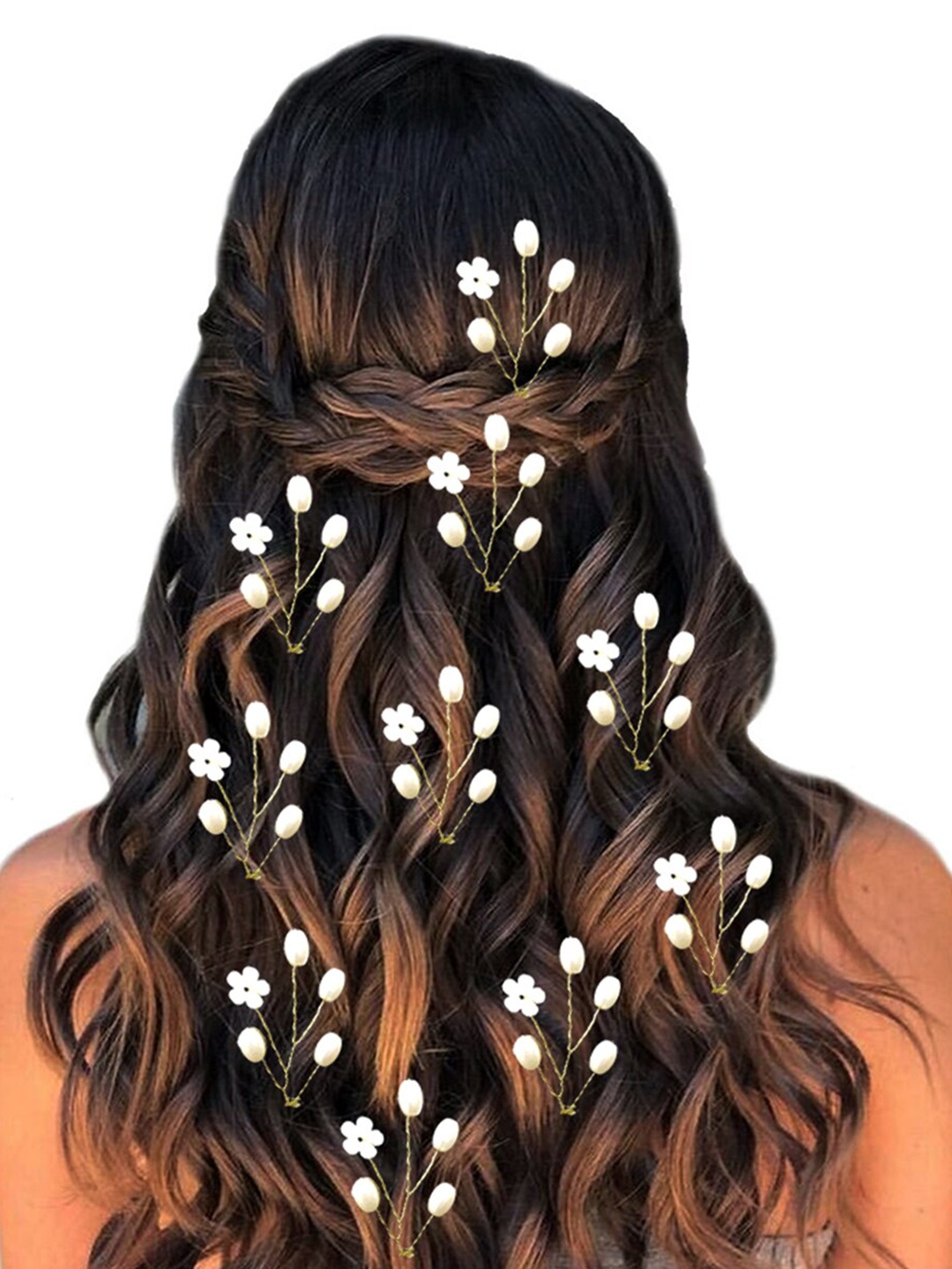 

Hair Flare Set Of 10 Floral Embellished Hair Accessory, White