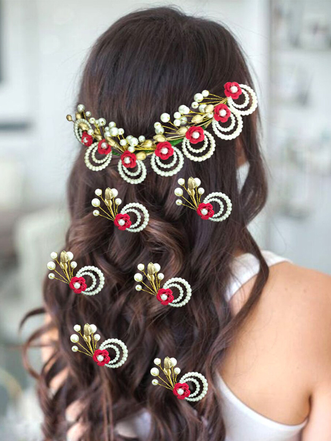 

Hair Flare Women Set Of 8 Embellished Hair Accessory, Red