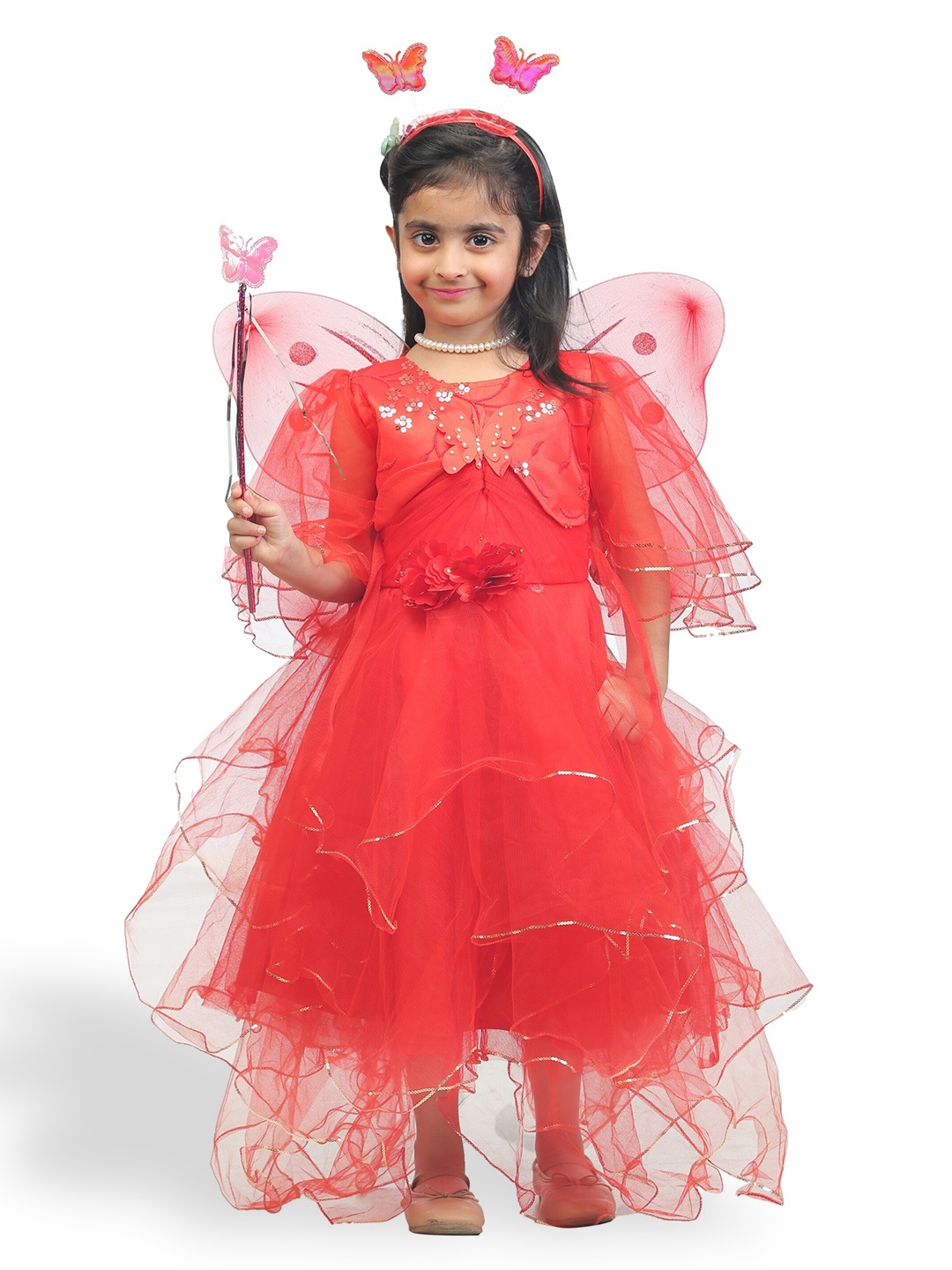 

BAESD Girls Flared Sleeve Net Layered Fit & Flare Cotton Dress, Red