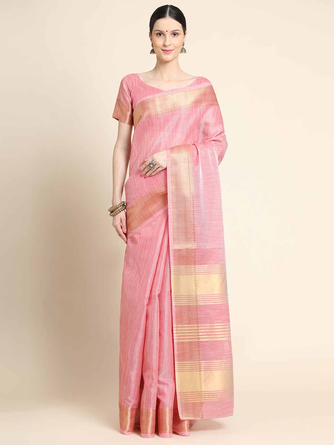 

VISHNU WEAVES Woven Design Zari Pure Linen Saree, Pink