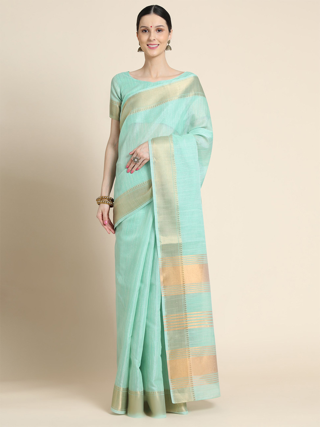 

VISHNU WEAVES Woven Design Zari Pure Linen Saree, Sea green
