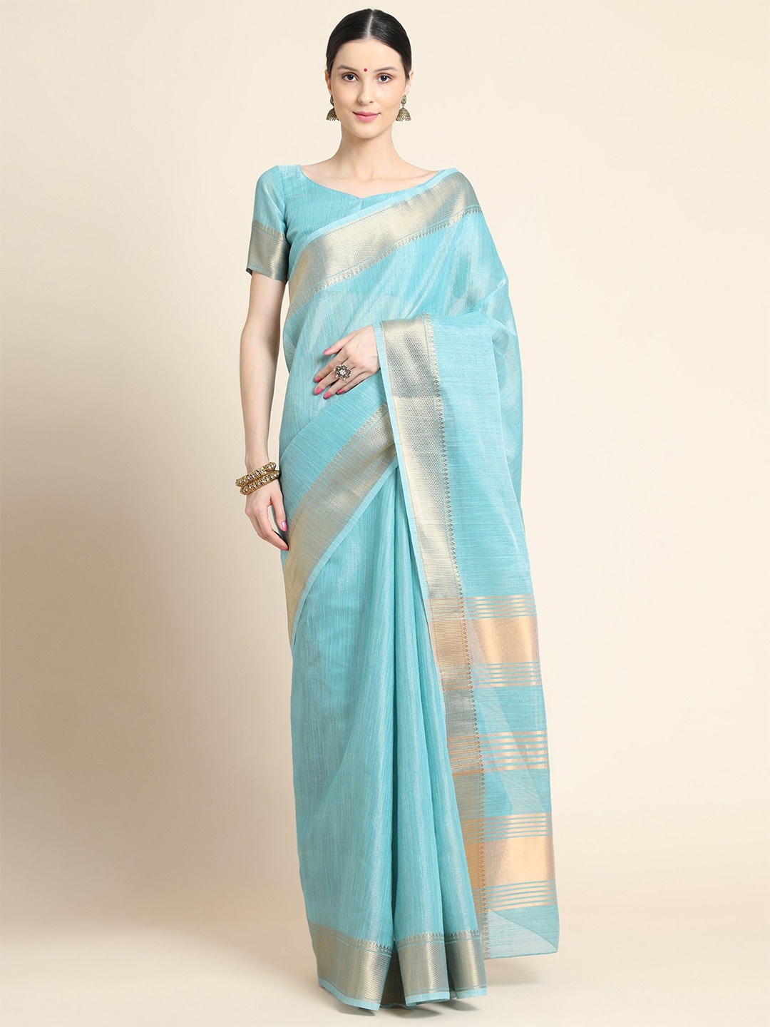 

VISHNU WEAVES Woven Design Zari Pure Linen Saree, Turquoise blue