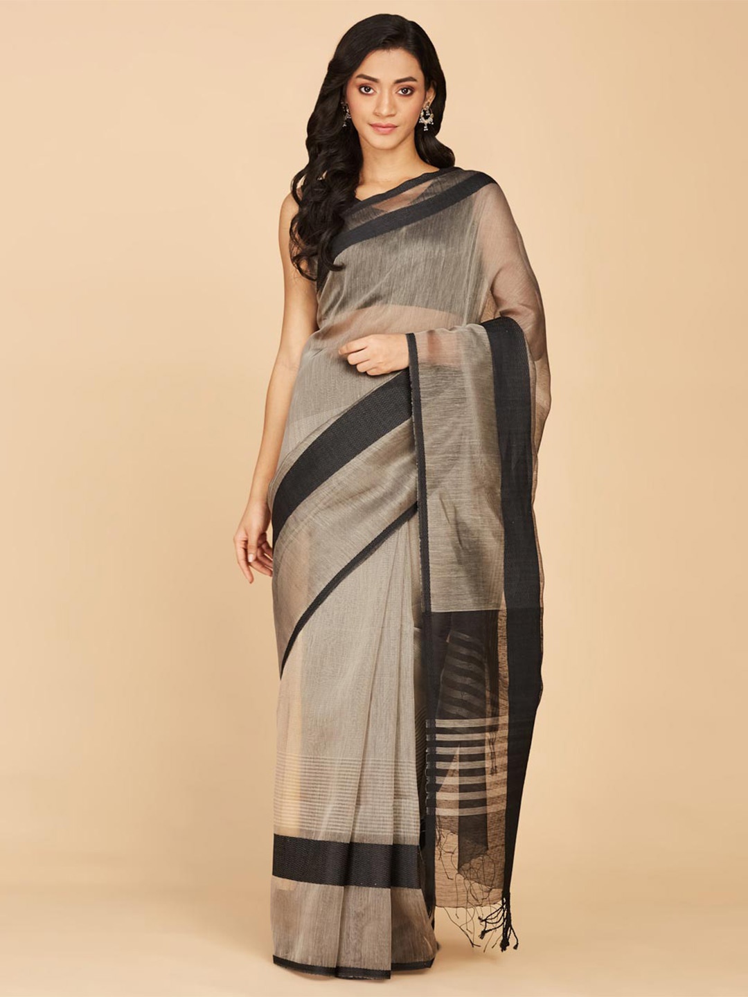 

Fabindia Striped Zari Linen Silk Saree, Grey