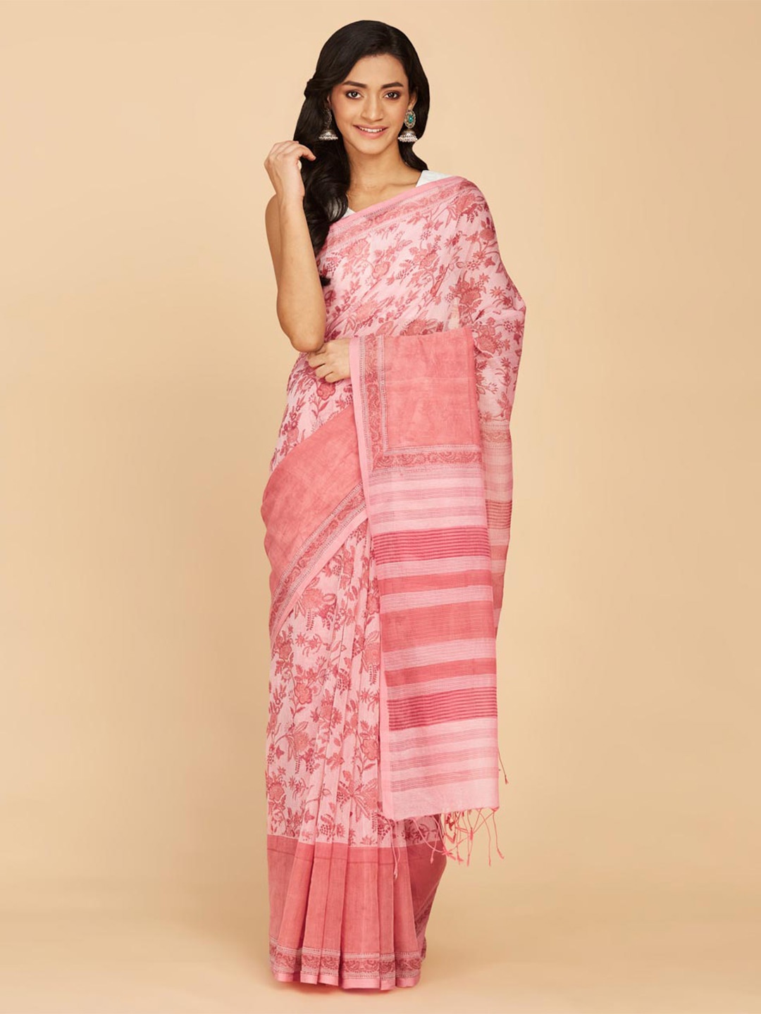 

Fabindia Floral Printed Silk Cotton Saree, Pink