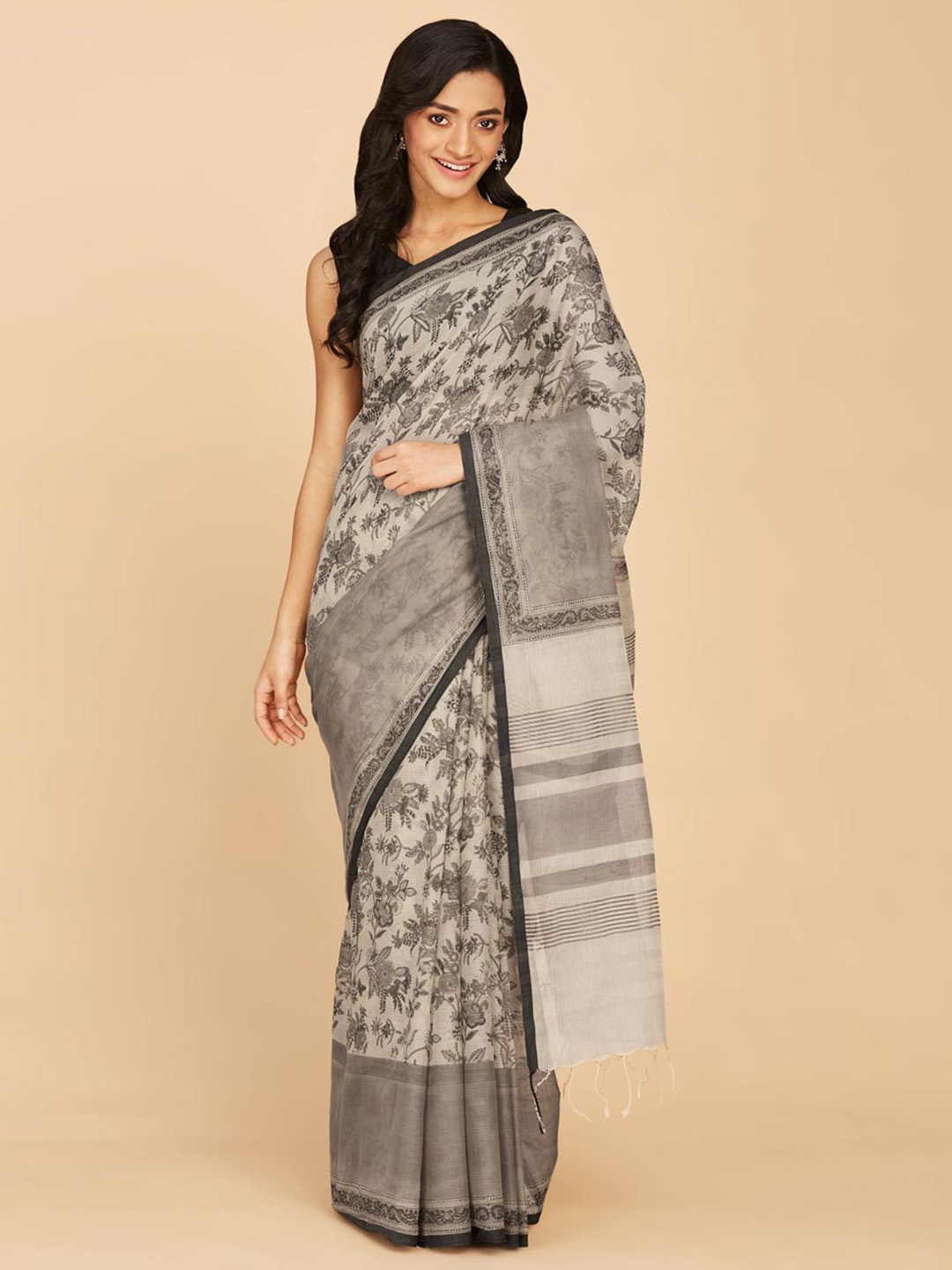

Fabindia Floral Printed Silk Cotton Saree, Grey