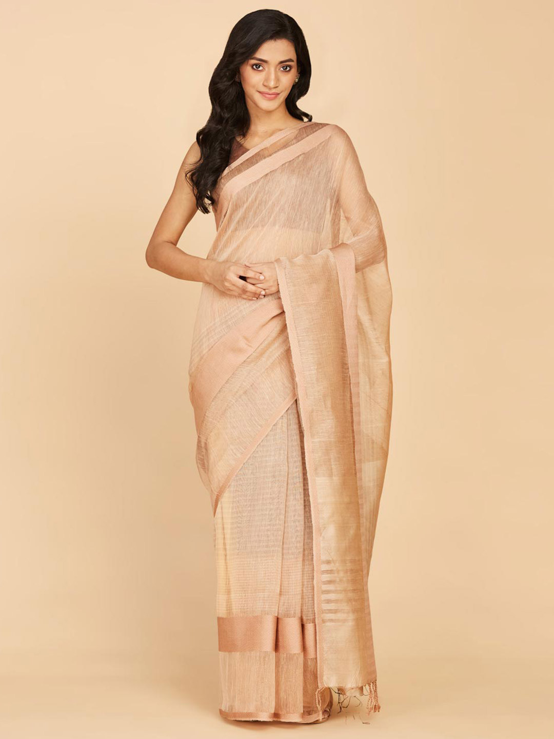 

Fabindia Woven Design Zari Linen Silk Saree, Brown