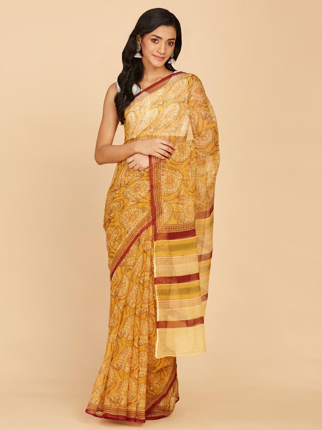 

Fabindia Floral Printed Silk Cotton Saree, Mustard