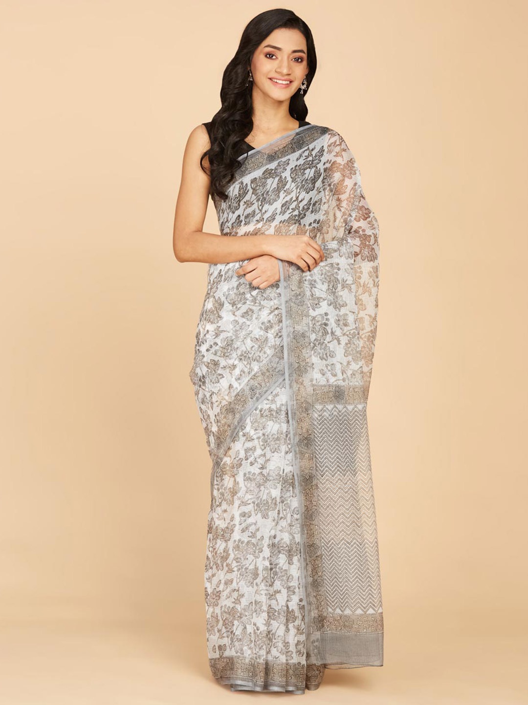 

Fabindia Floral Printed Silk Cotton Saree, Grey