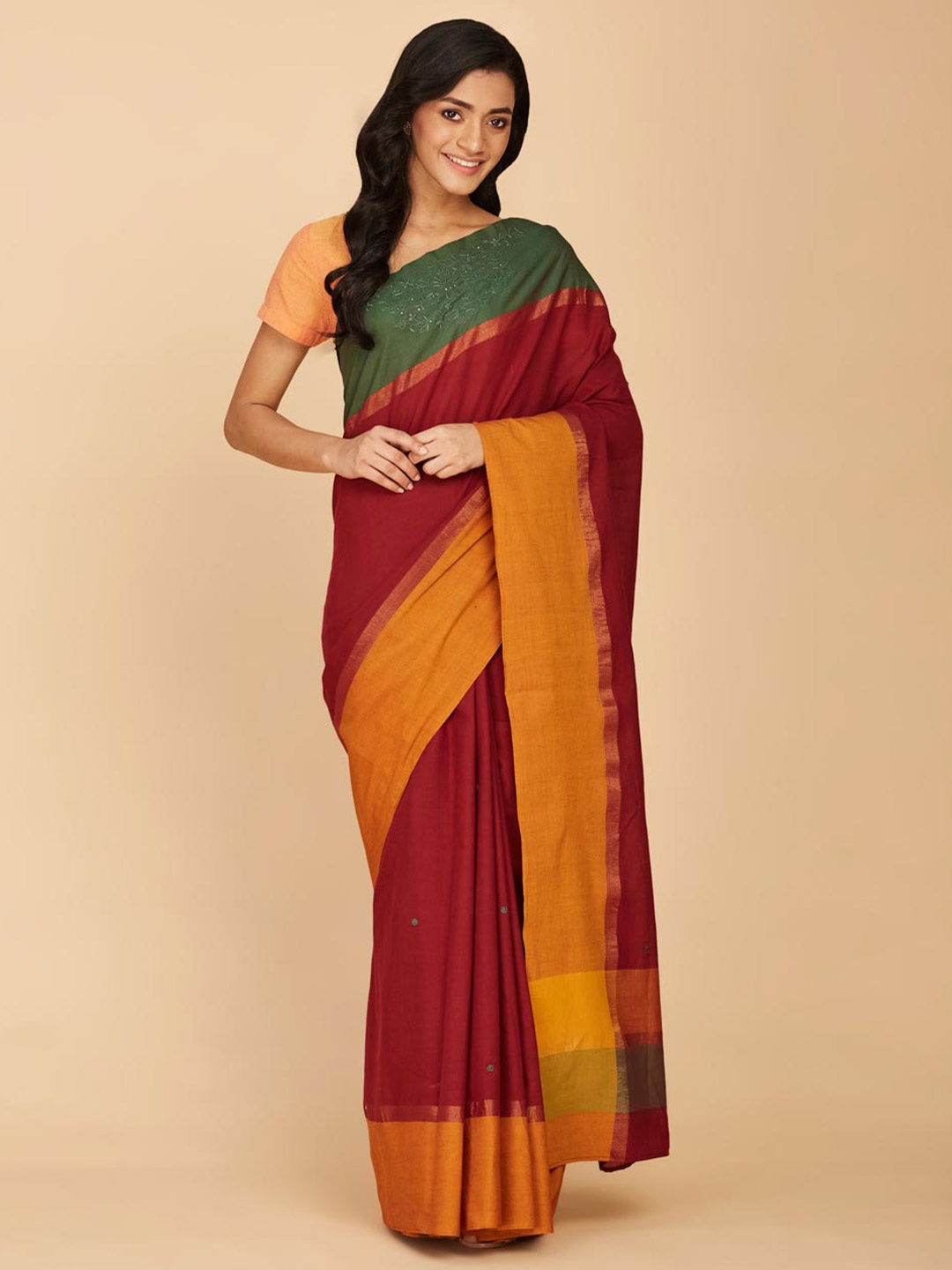 

Fabindia Floral Embroidered Pure Cotton Saree, Maroon