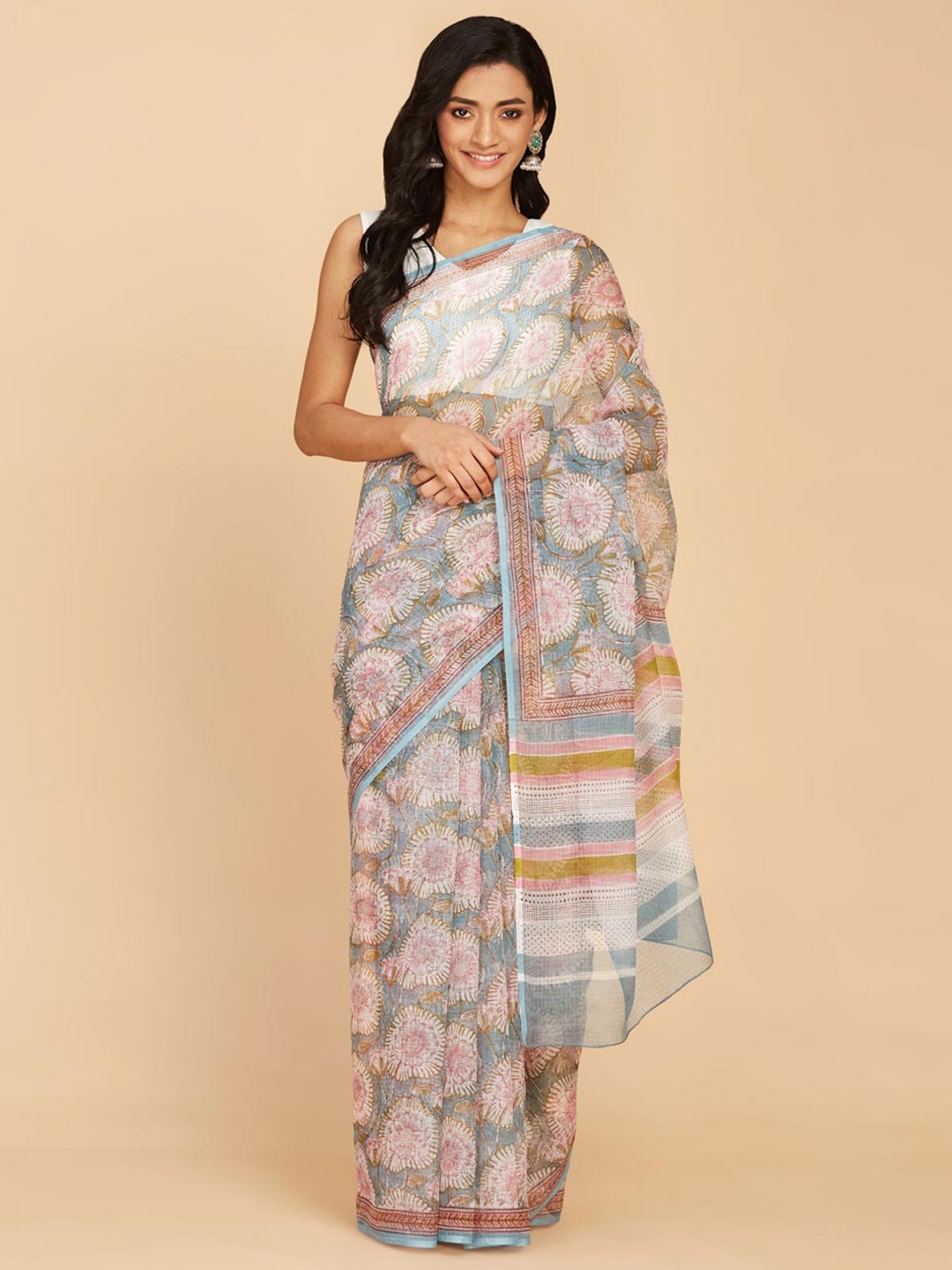 

Fabindia Floral Printed Silk Cotton Saree, Blue
