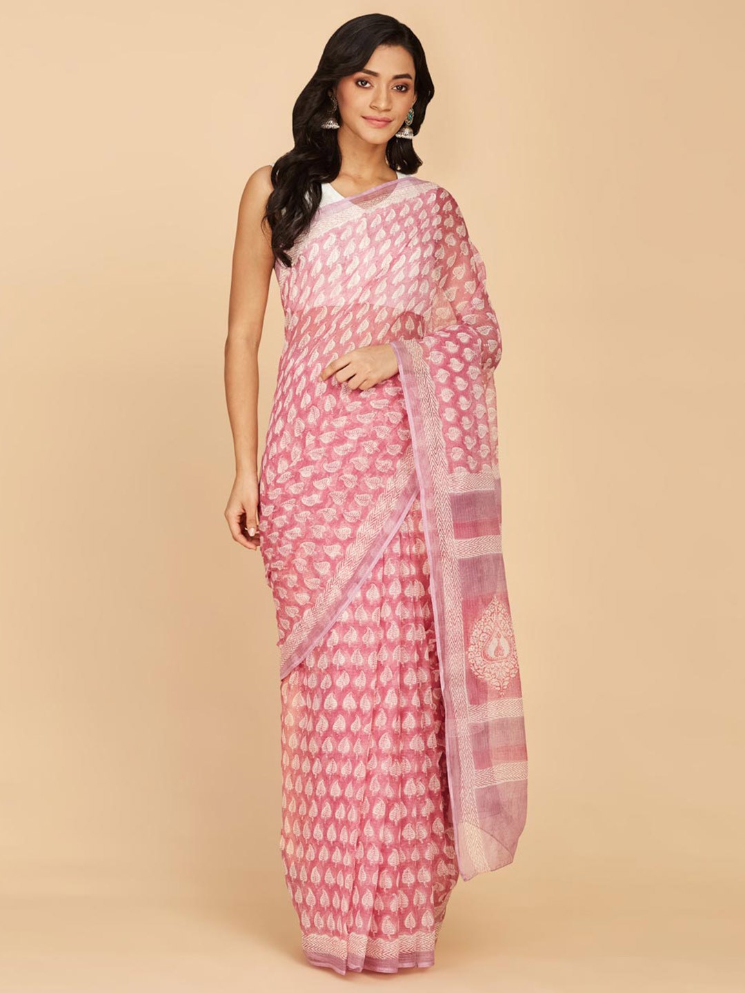 

Fabindia Floral Printed Silk Cotton Saree, Peach