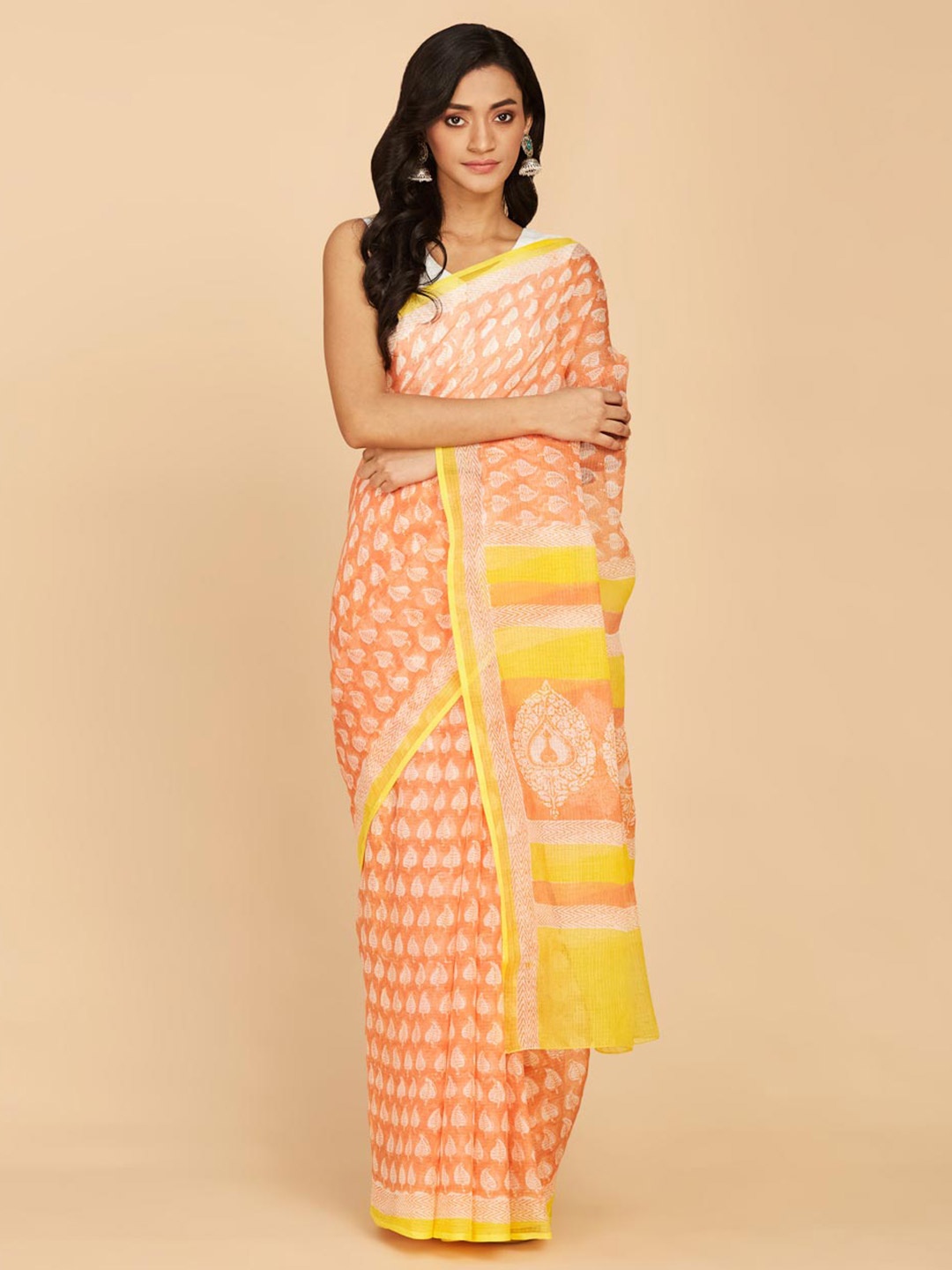 

Fabindia Floral Printed Silk Cotton Saree, Orange