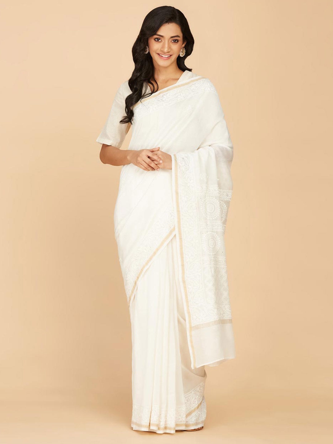 

Fabindia Floral Embroidered Zari Silk Cotton Saree, Off white