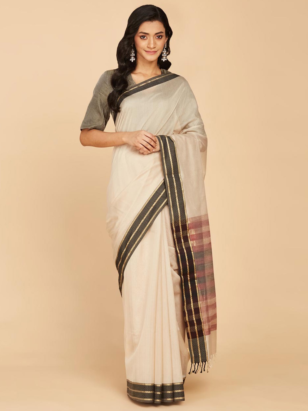 

Fabindia Zari Silk Cotton Maheshwari Saree, Beige