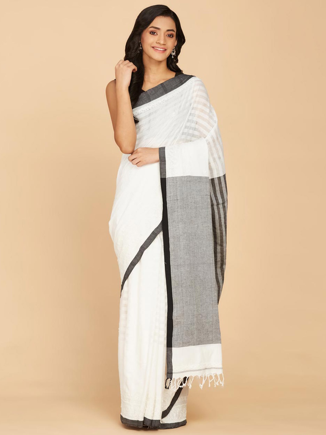 

Fabindia Striped Pure Cotton Saree, Off white