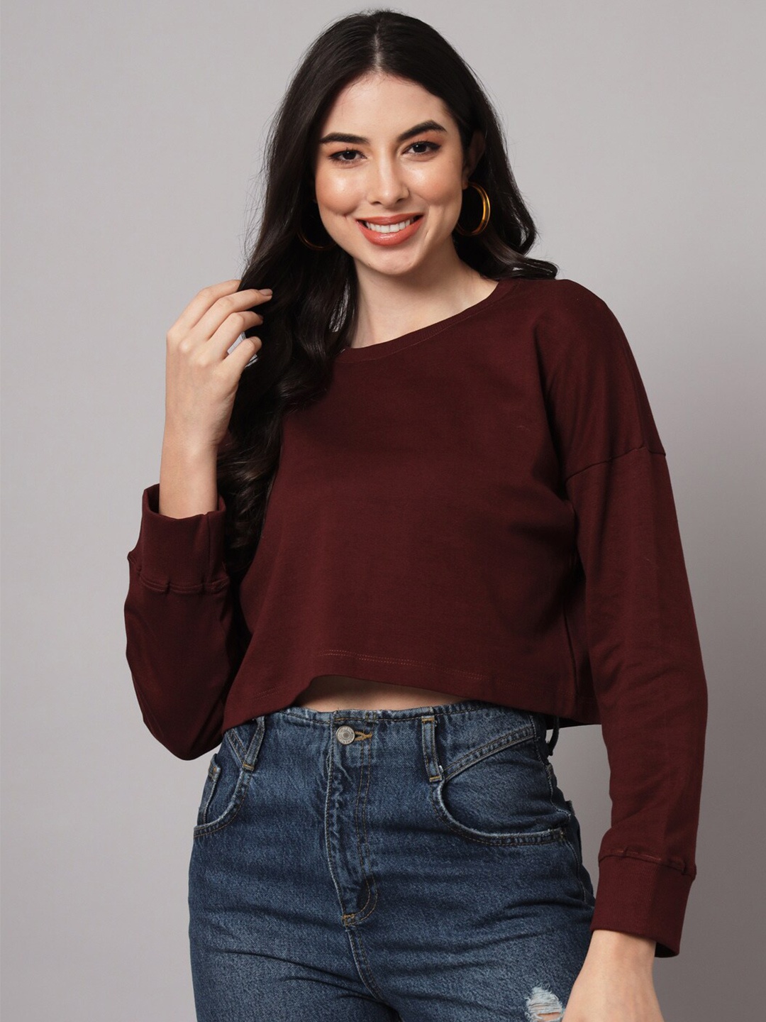 

GUTI Drop Shoulder Crop Cotton Oversized T-shirt, Maroon