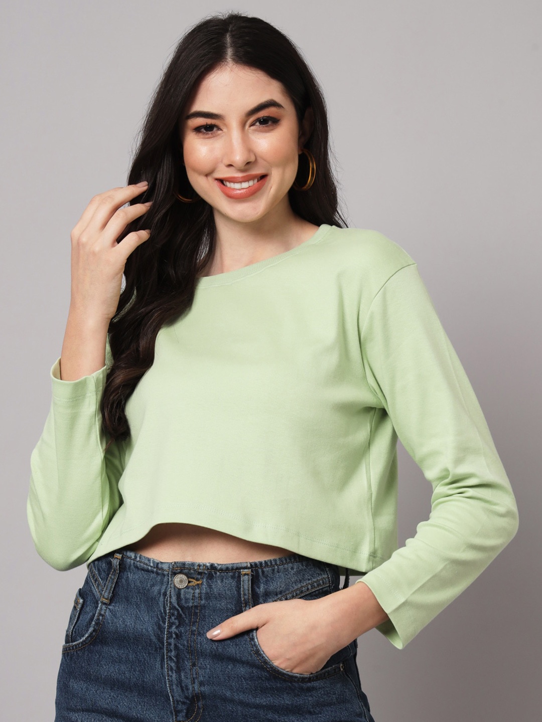 

GUTI Drop Shoulder Crop Cotton Loose T-shirt, Green