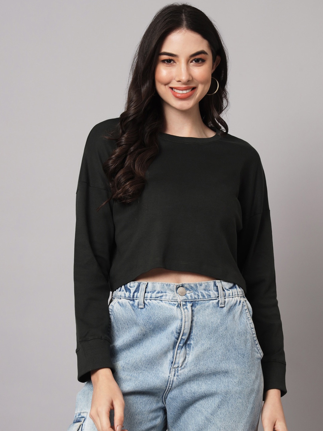 

GUTI Drop Shoulder Crop Cotton Oversized T-shirt, Black