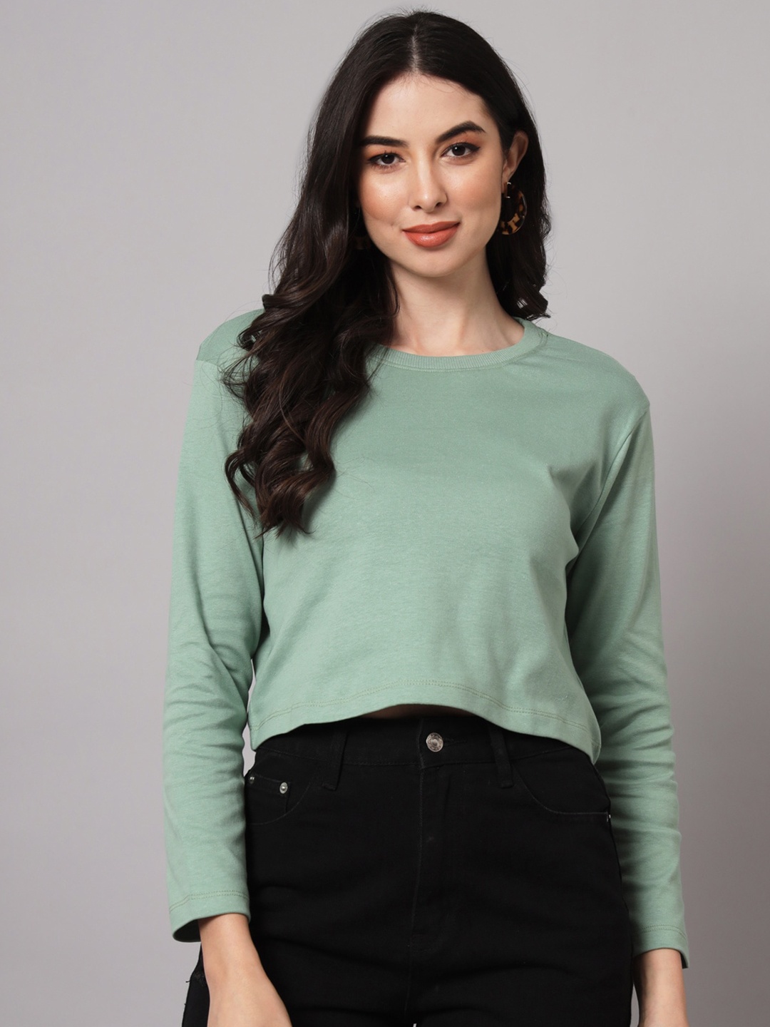 

GUTI Drop Shoulder Crop Cotton Loose T-shirt, Green