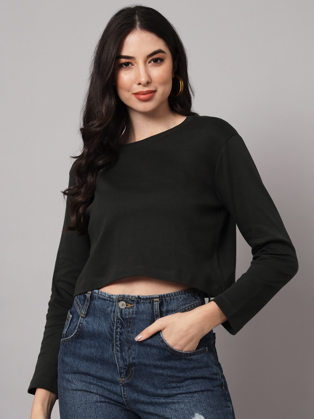 

GUTI Drop-Shoulder Sleeves Cotton Crop T-shirt, Black