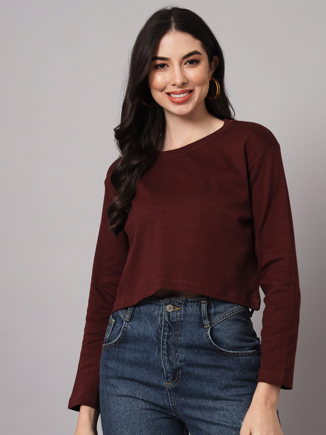 

GUTI Drop Shoulder Crop Cotton Loose T-shirt, Brown