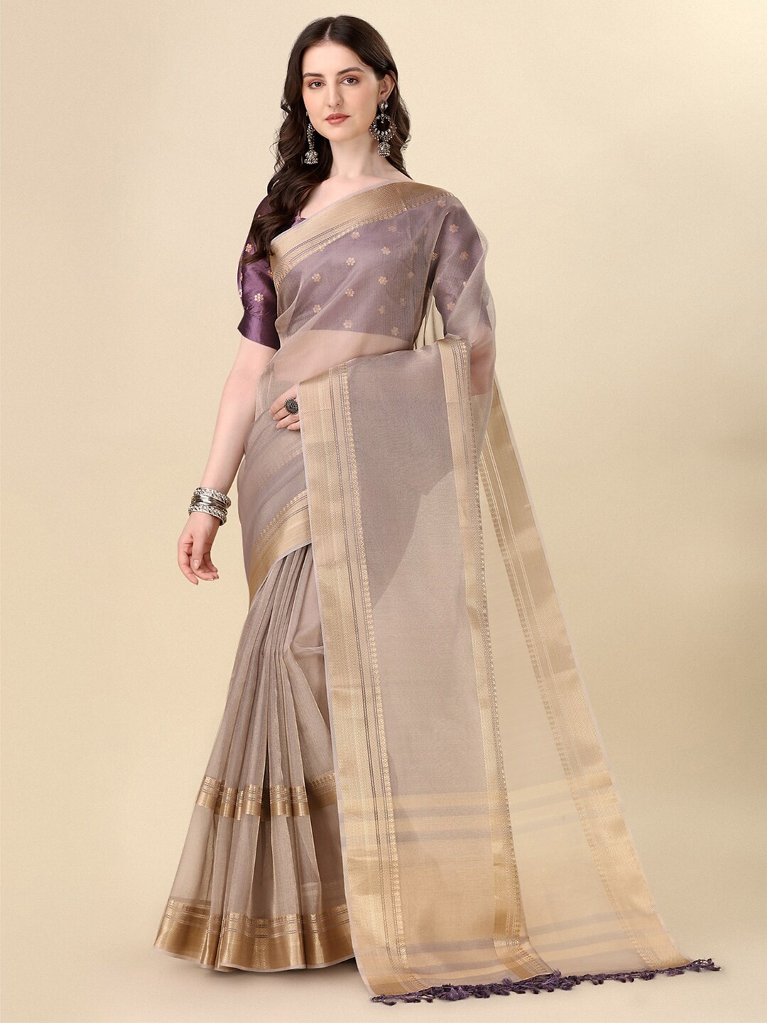 

KALINI Ethnic Motifs Woven Design Zari Saree, Beige