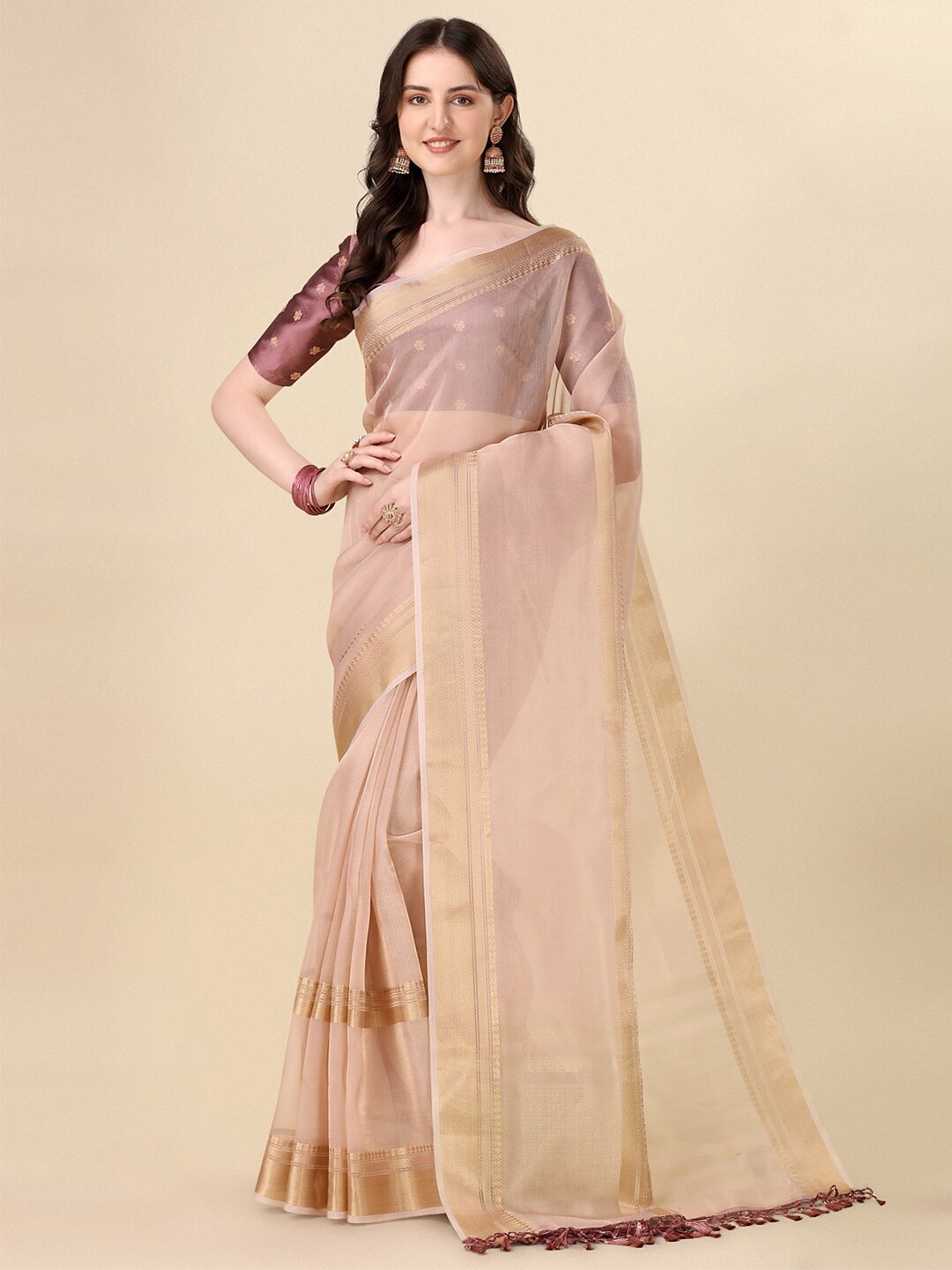 

KALINI Ethnic Motifs Woven Design Zari Saree, Beige