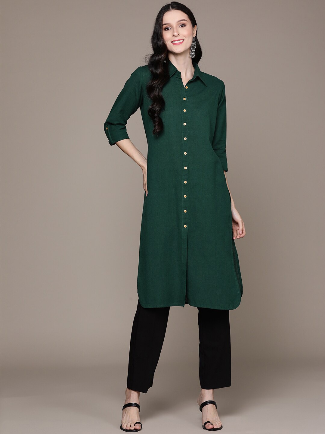 

Anubhutee Roll-Up Sleeves Pathani Cotton Kurta, Green