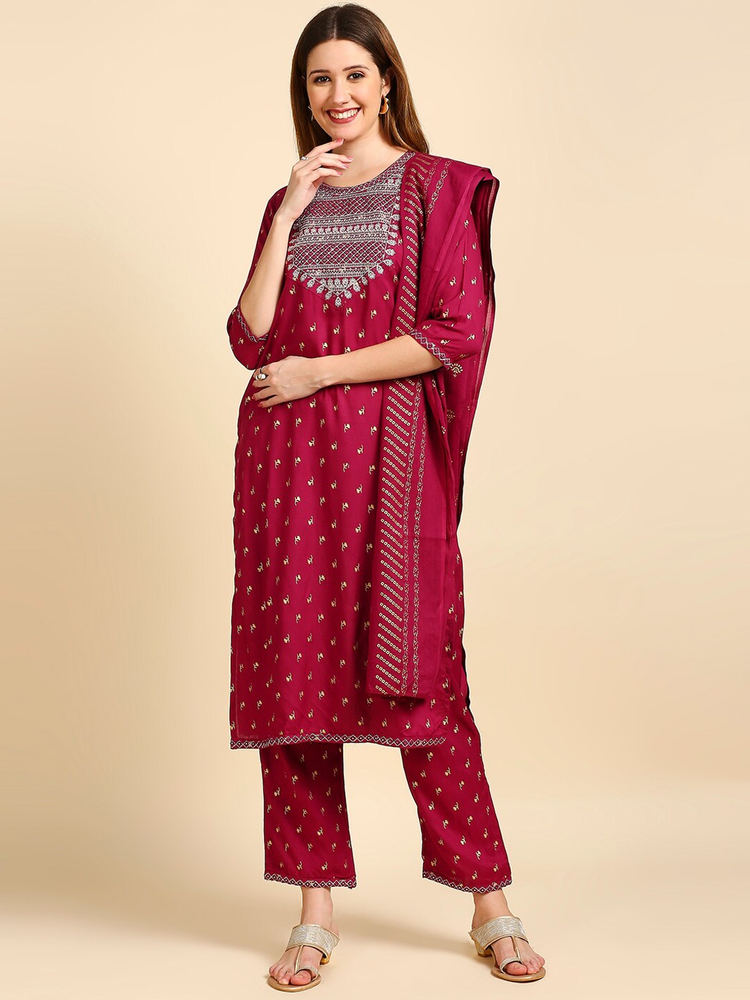 

Anubhutee Ethbnic Motifs Embroidered Sequined Kurta with Palazzos & Dupatta, Maroon