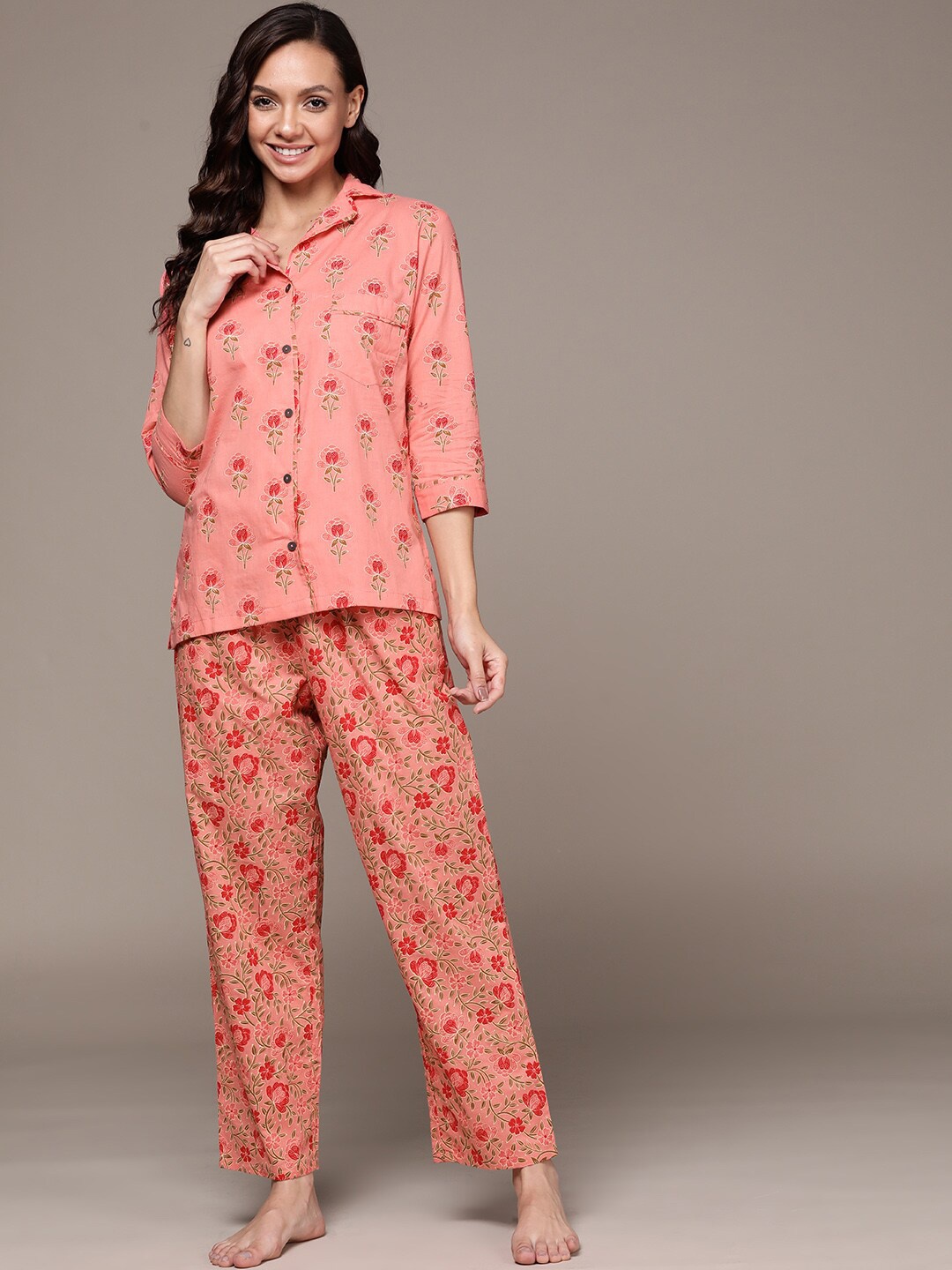 

Anubhutee Floral Printed Pure Cotton Night suit, Coral