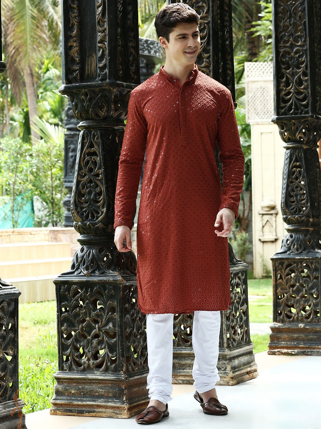 

Sanwara Ethnic Motifs Embroidered Regular Chikankari Pure Cotton Kurta with Churidar, Rust