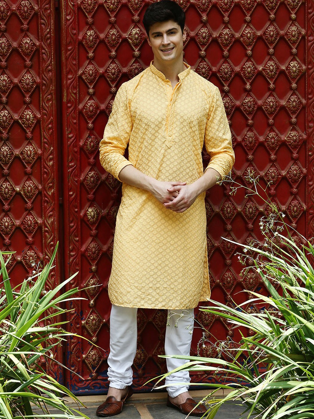 

Sanwara Floral Embroidered Regular Chikankari Pure Cotton Kurta with Churidar, Yellow