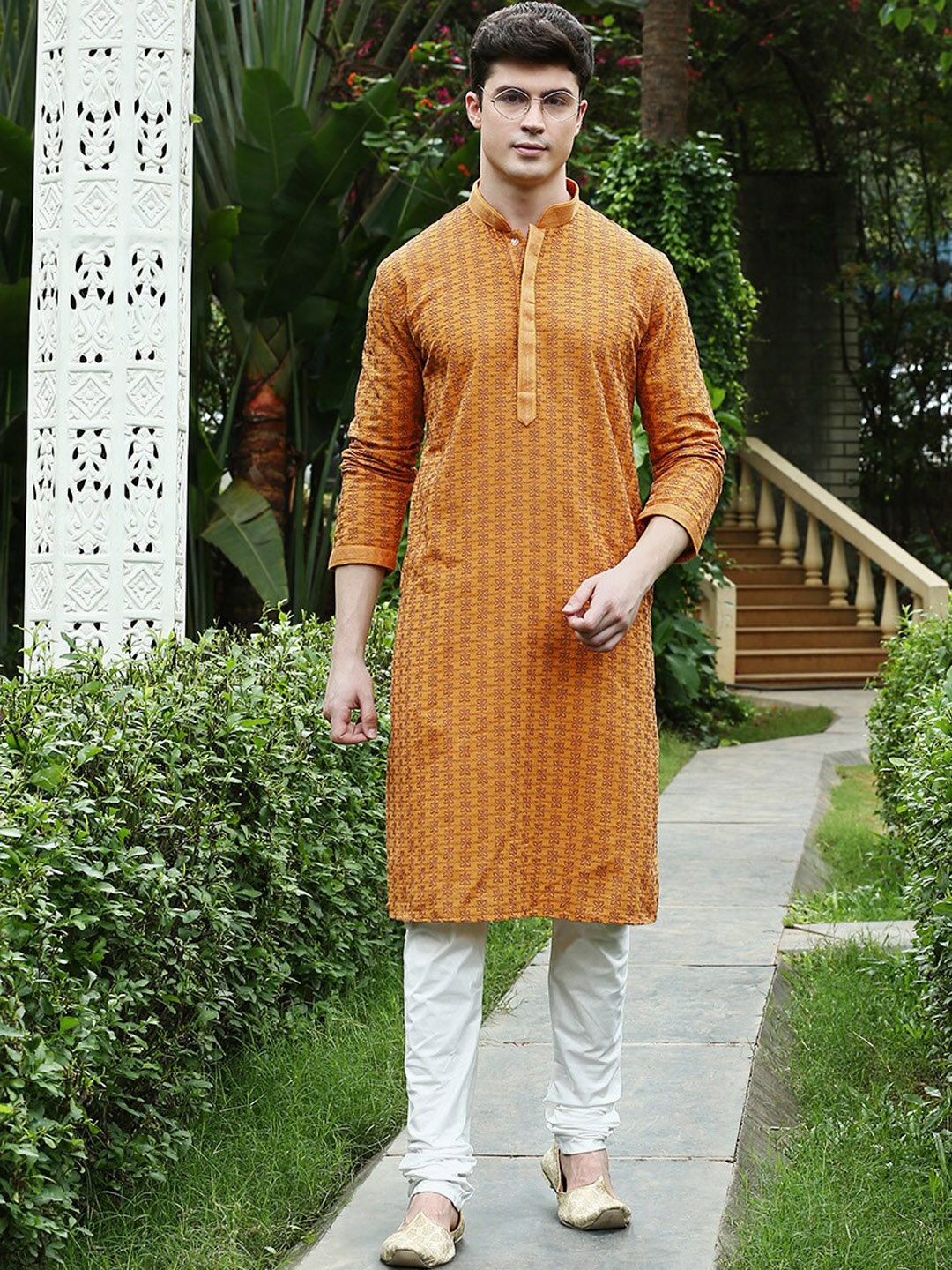 

Sanwara Floral Chikankari Embroidered Pure Cotton Kurta With Churidar, Mustard