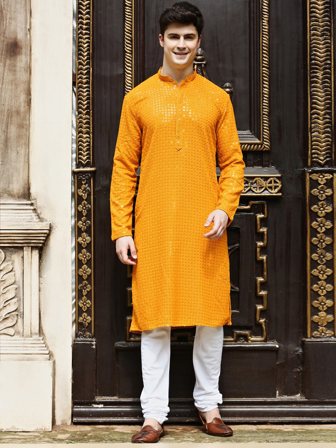 

Sanwara Geometric Chikankari Embroidered Pure Cotton Kurta With Churidar, Mustard