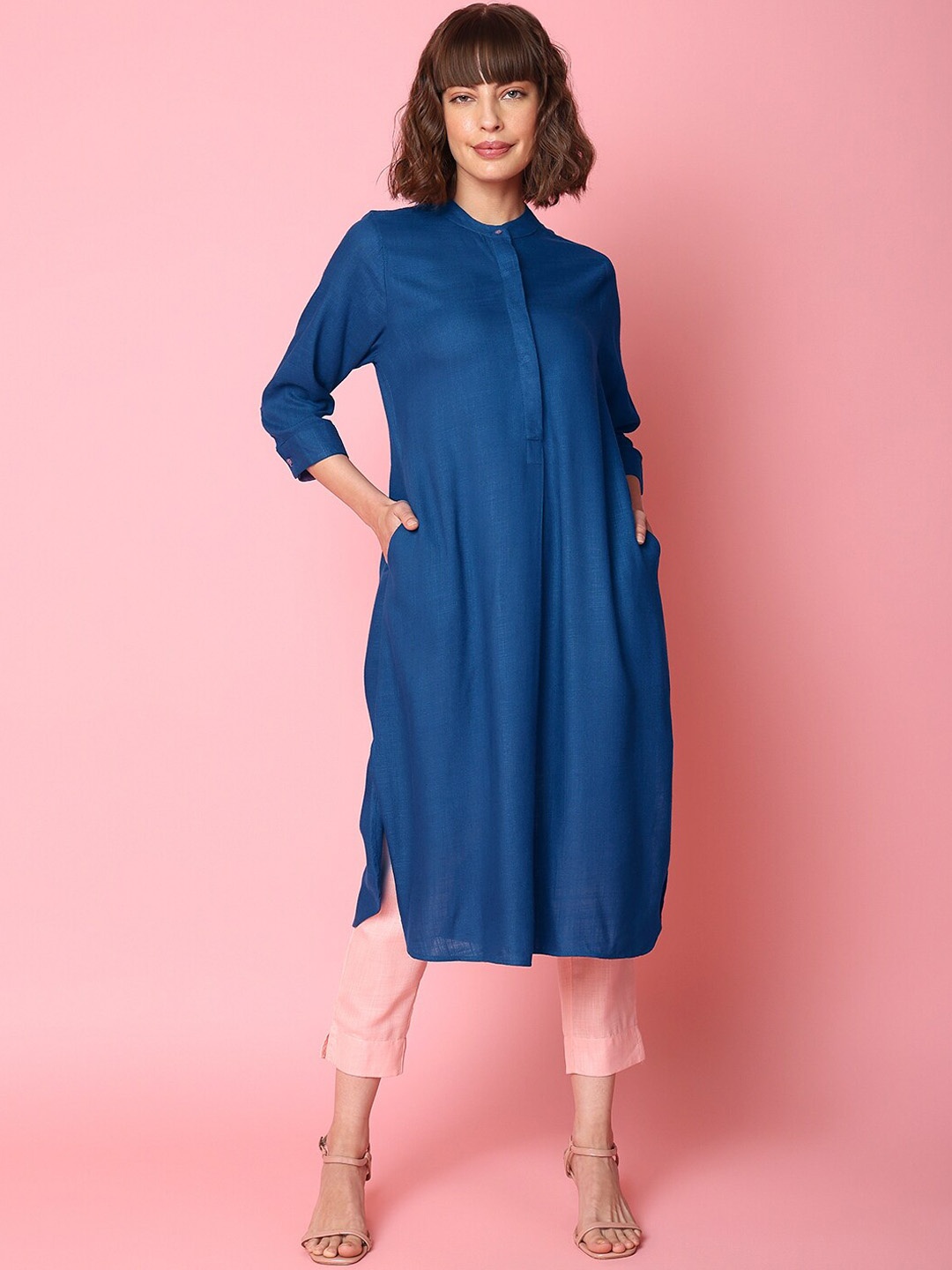 

Indifusion Women Band Collar A-Line Kurta, Blue