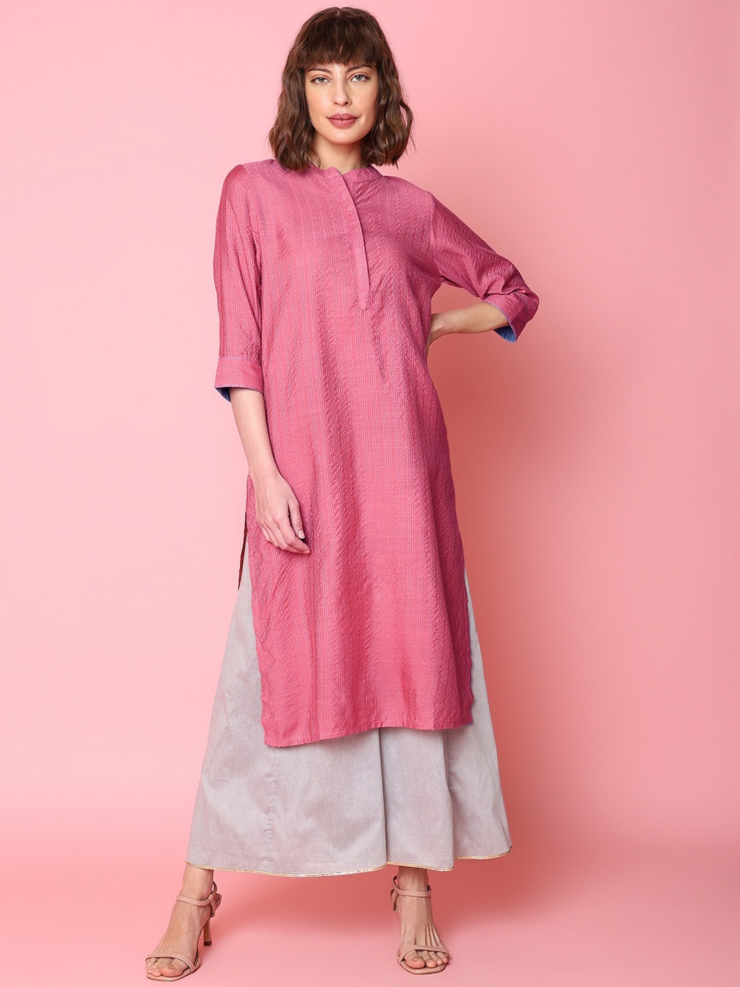 

Indifusion Women Striped Embroidered Band Collar A-Line Kurta, Pink