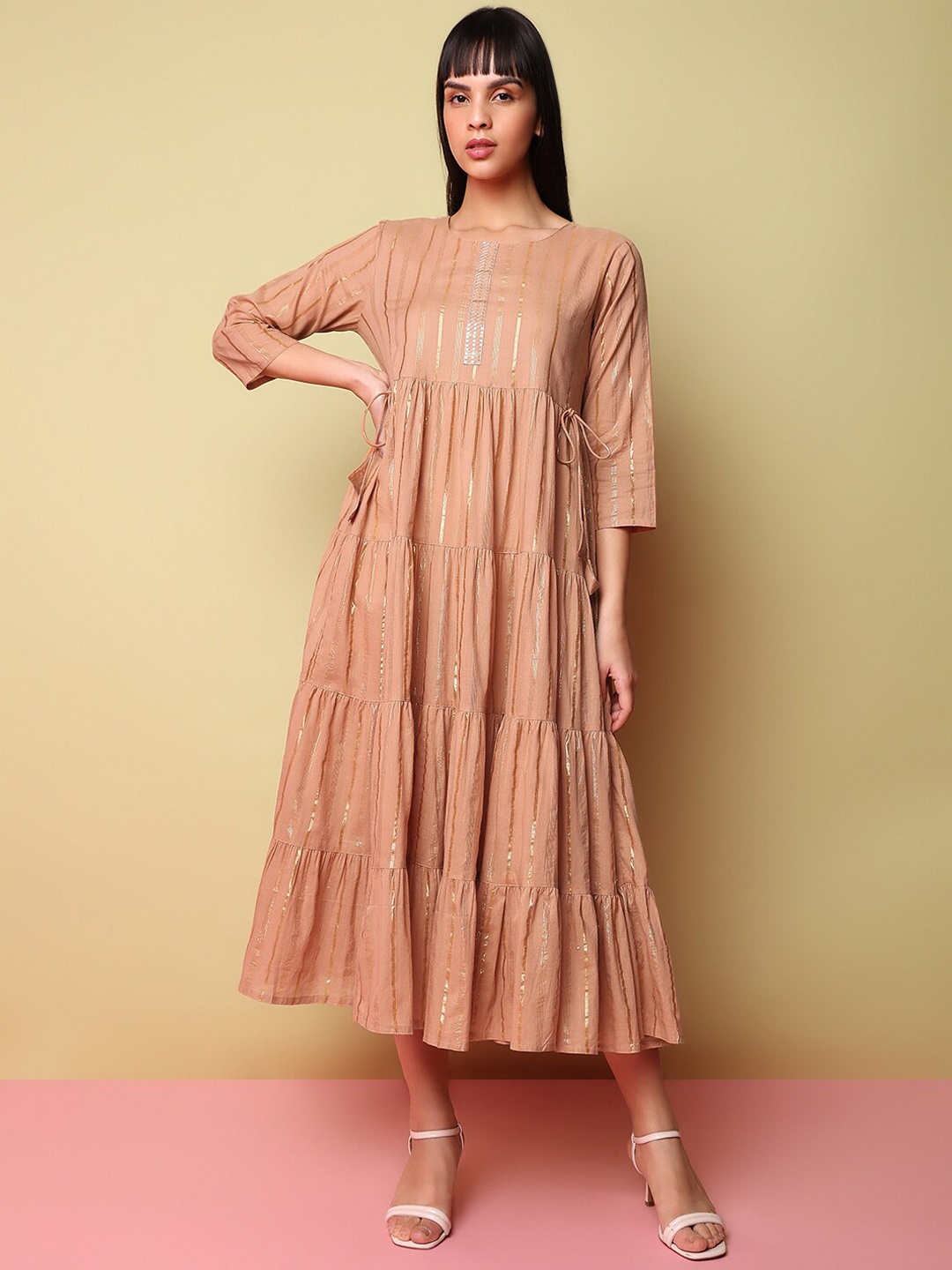 

Indifusion Women Striped Gotta Patti Anarkali Kurta, Brown