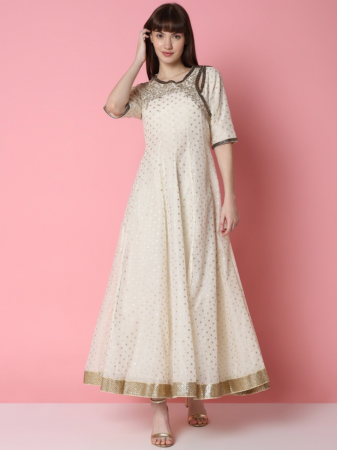 

Indifusion Polka Dot Printed Embroidered Panelled A-Line Ethnic Dress, White