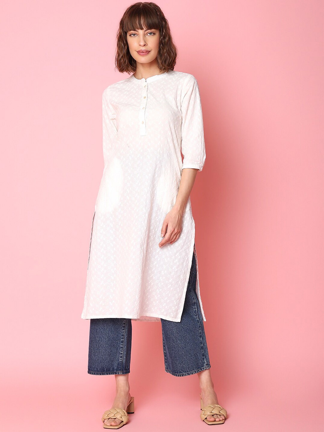

Indifusion Embroidered Cotton Straight Kurta, White