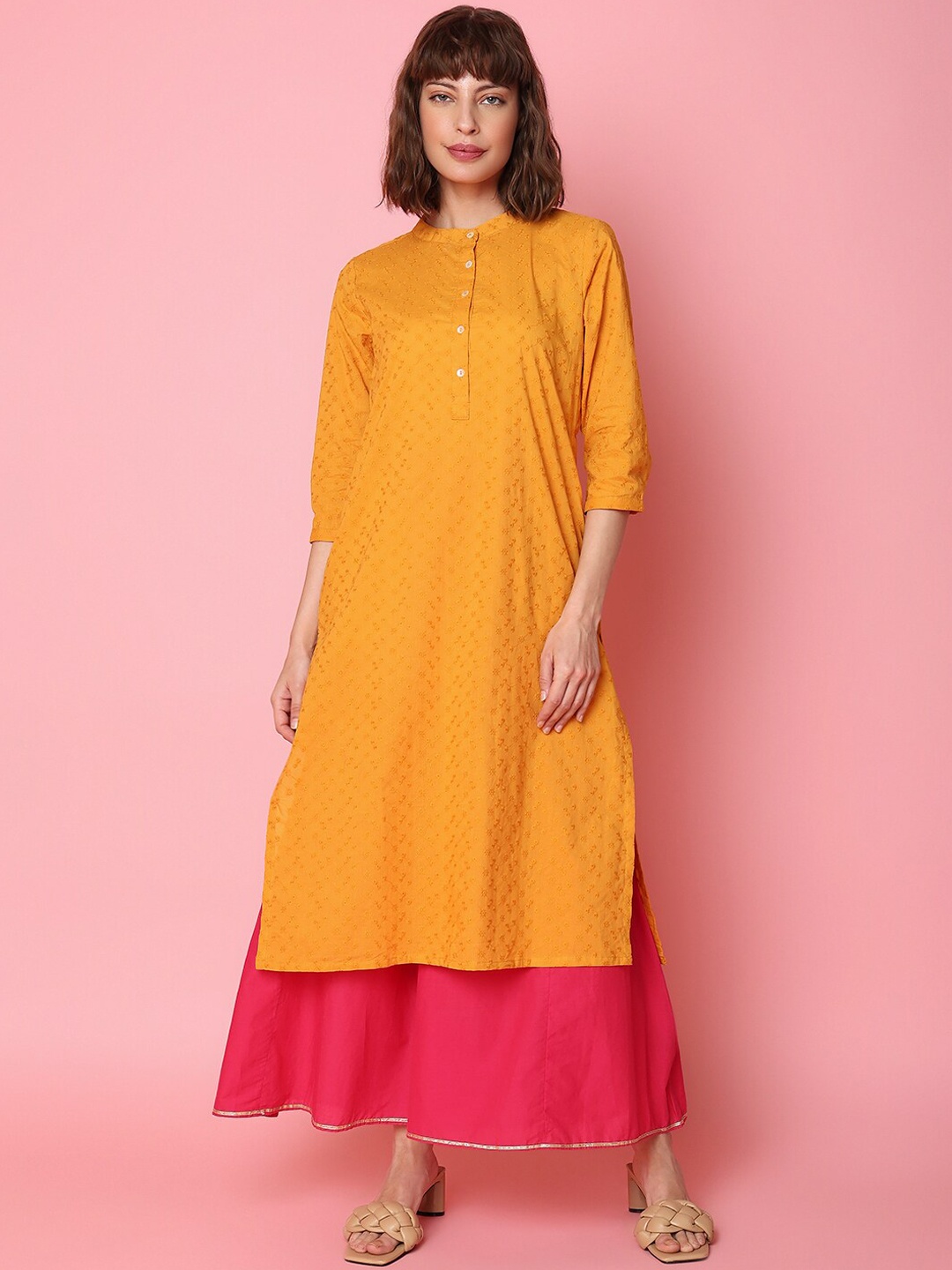 

Indifusion Embroidered Cotton Straight Kurta, Mustard