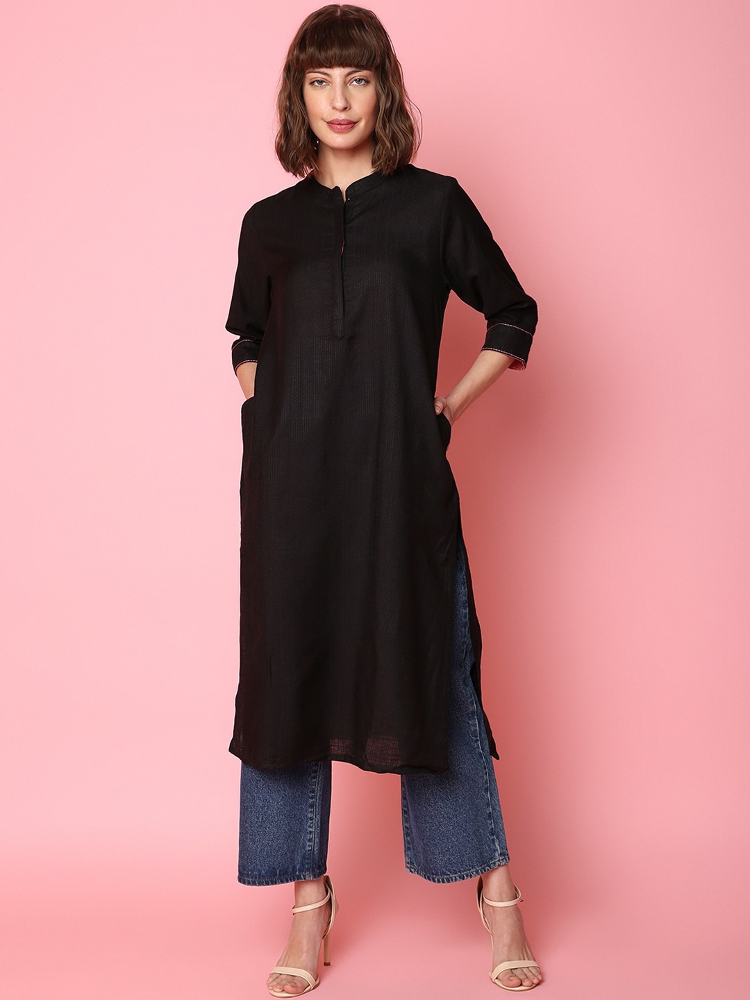 

Indifusion Band Collar Straight Kurta, Black