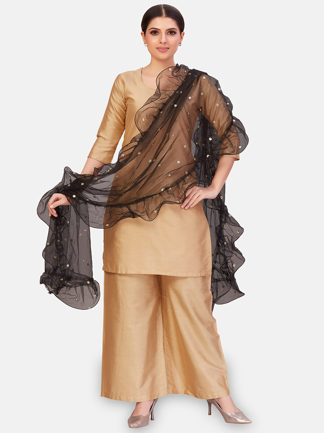 

Studio Shringaar Embroidered Sequined Ruffled Net Dupatta, Black