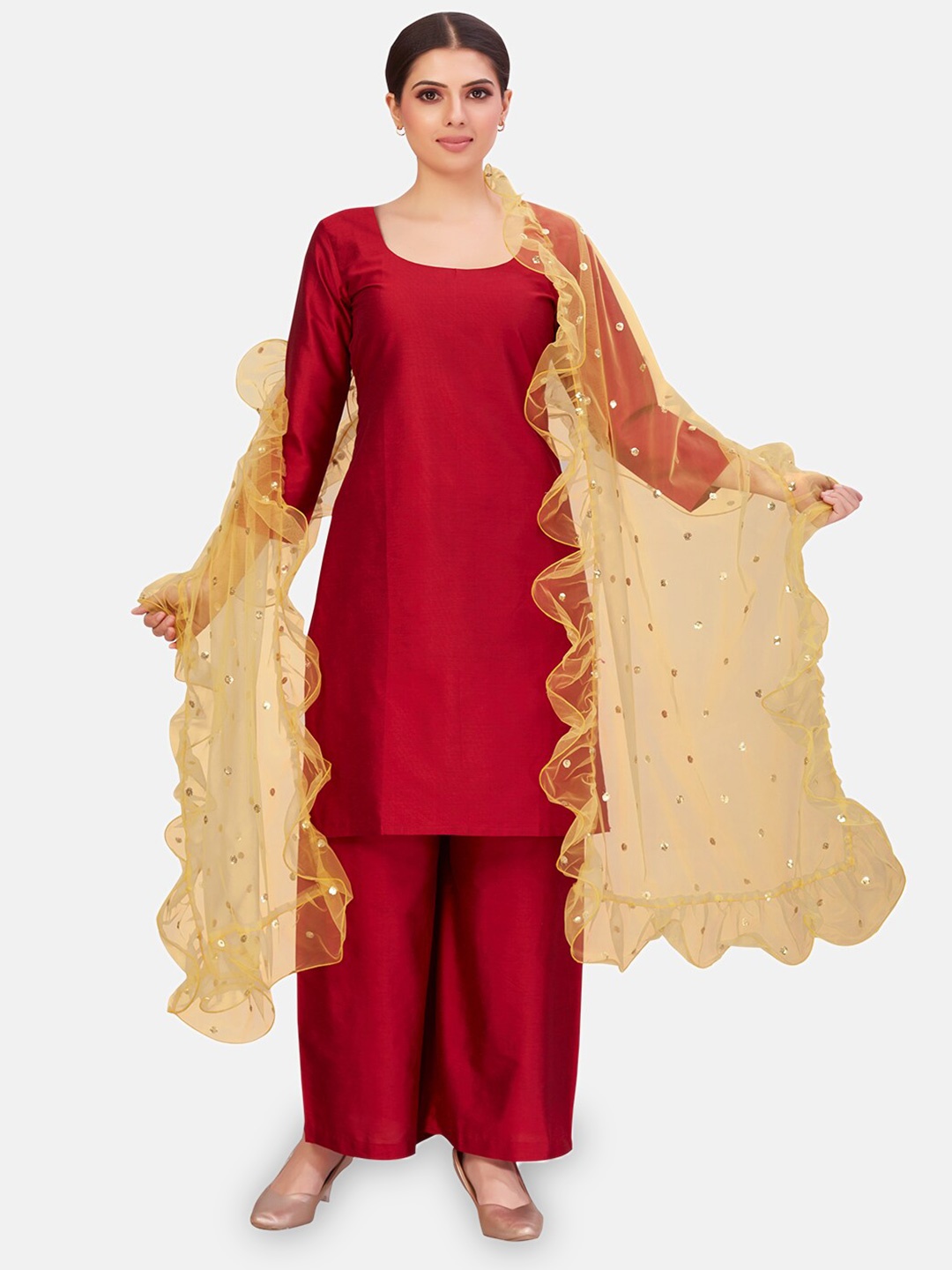 

Studio Shringaar Embroidered Sequined Ruffled Net Dupatta, Gold
