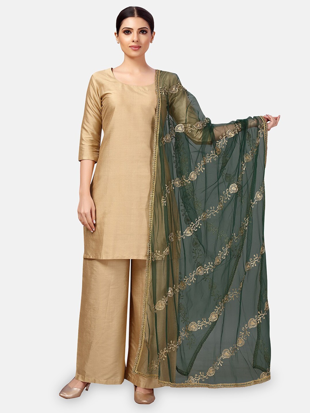 

Studio Shringaar Floral Embroidered Zari Net Dupatta, Green
