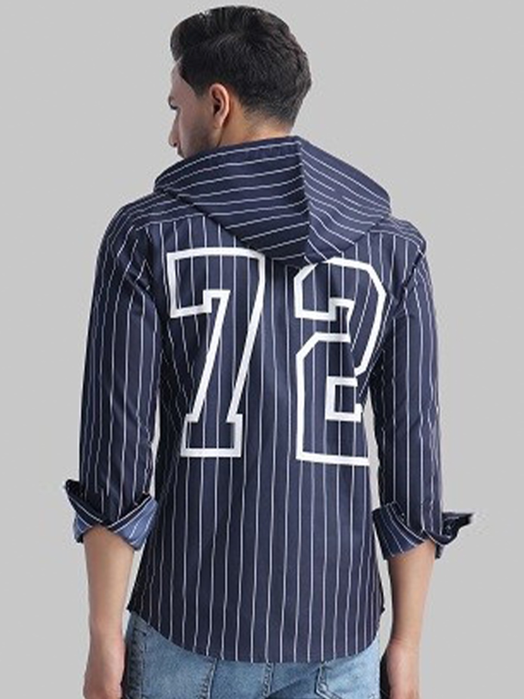 

Voroxy Striped Hooded Cotton Casual Shirt, Navy blue