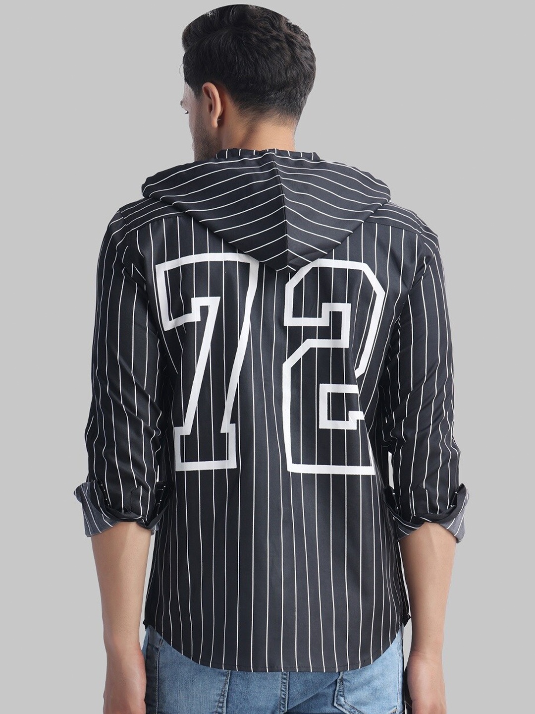 

Voroxy Striped Hooded Cotton Casual Shirt, Black