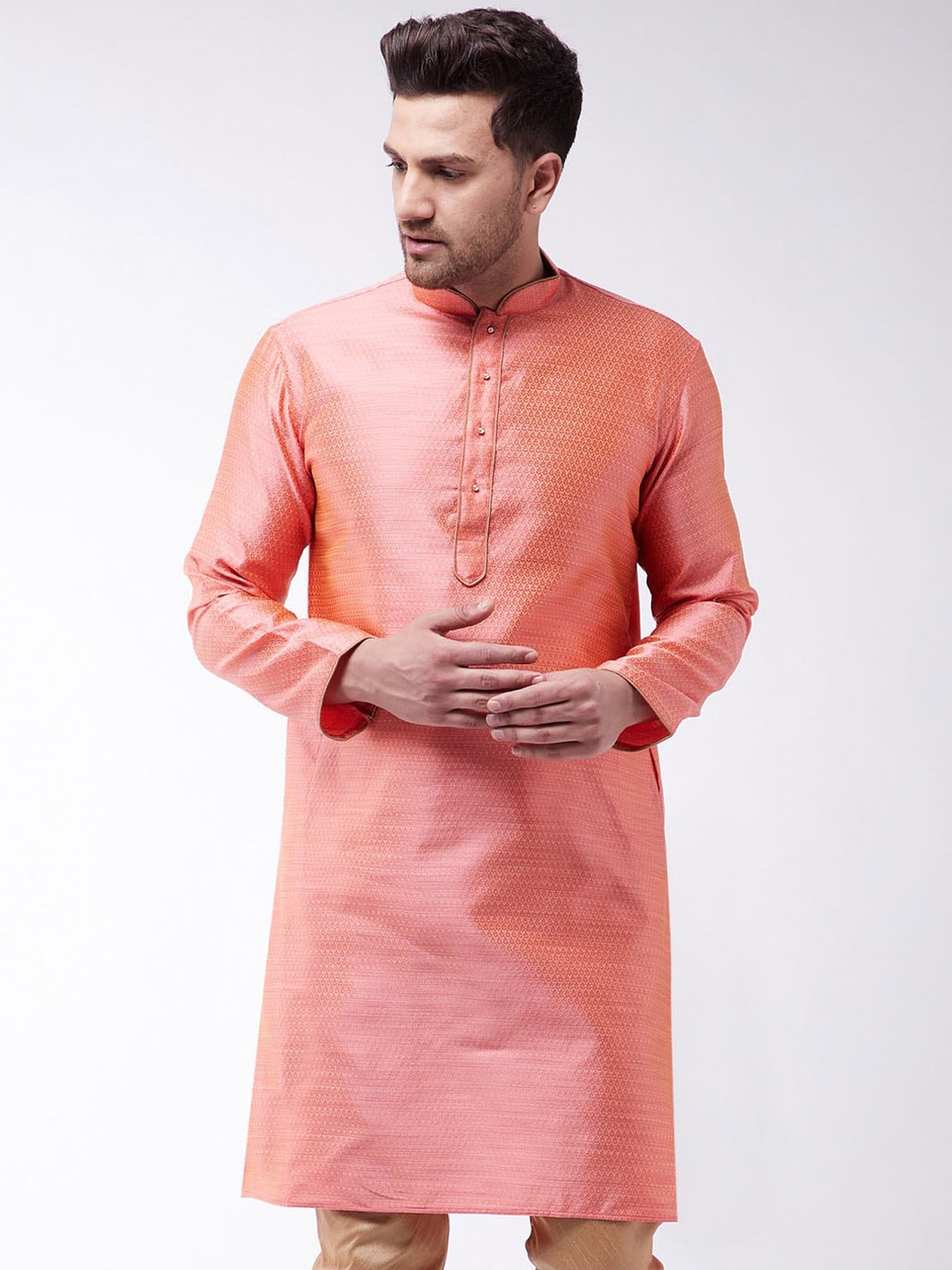 

VASTRAMAY Men Ethnic Motifs Mandarin Collar Jacquard Kurta, Pink