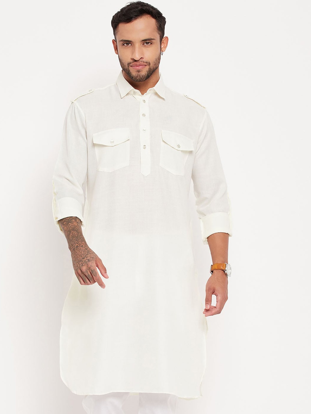 

VASTRAMAY Men Solid Regular Pathani Kurta, Cream