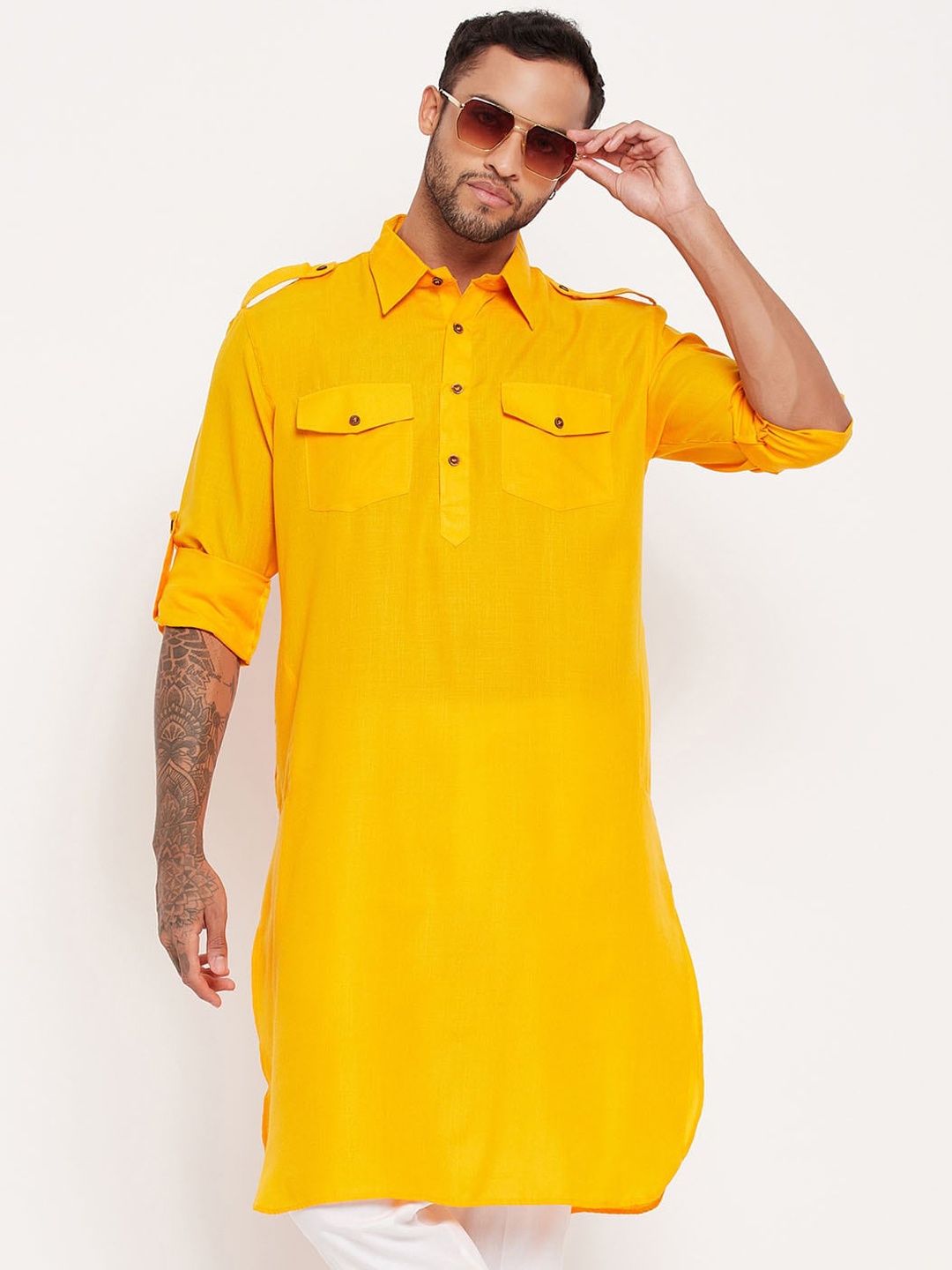 

VASTRAMAY Shirt Collar Cotton Pathani Kurta, Mustard