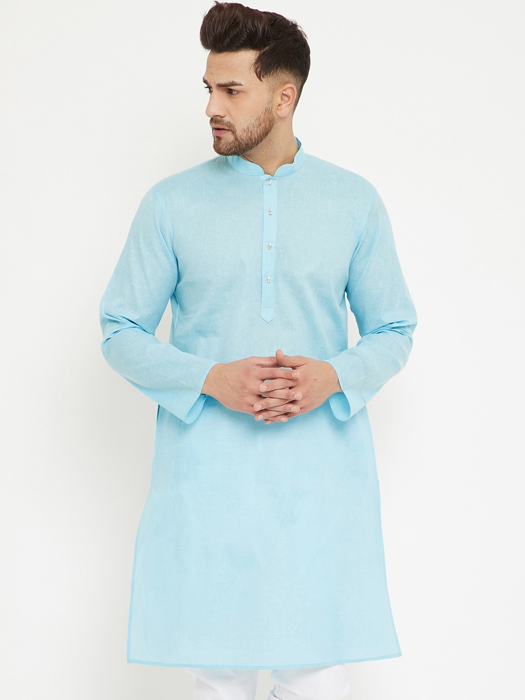 

VASTRAMAY Men Solid Mandarin Collar Straight Kurta, Blue